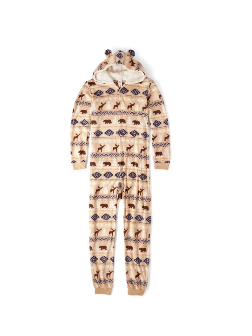 The Childrens Place Cozy Animal Print Sherpa-Lined Onesie in Beige & Navy NWOT
